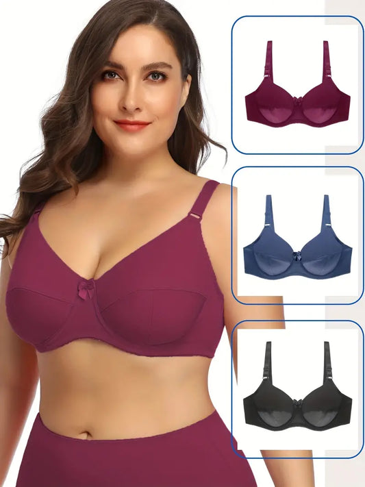 (PACK OF 3) Elegant Plus Size Bralette with Bow – Full Coverage, Comfort Stretch, No Padding | Chic Women's Intimate Wear